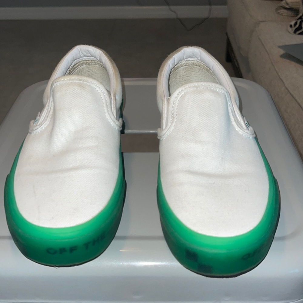 White and lime green checkerboard vans